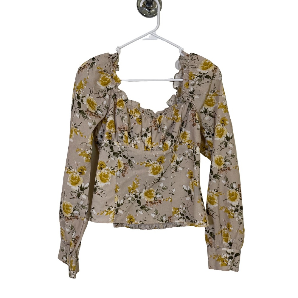 TRIXXI Blouse Women’s Large Cropped Boho Pleasant Floral Square Neck Puff Sleeve